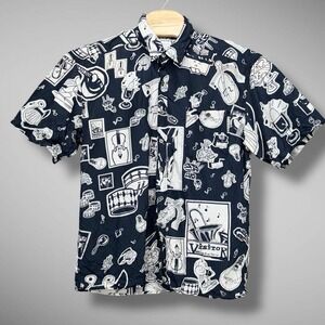 Vintage Visitor Silk‎ Shirt Mens Large Black White Pop Art Nothings Ever Serious